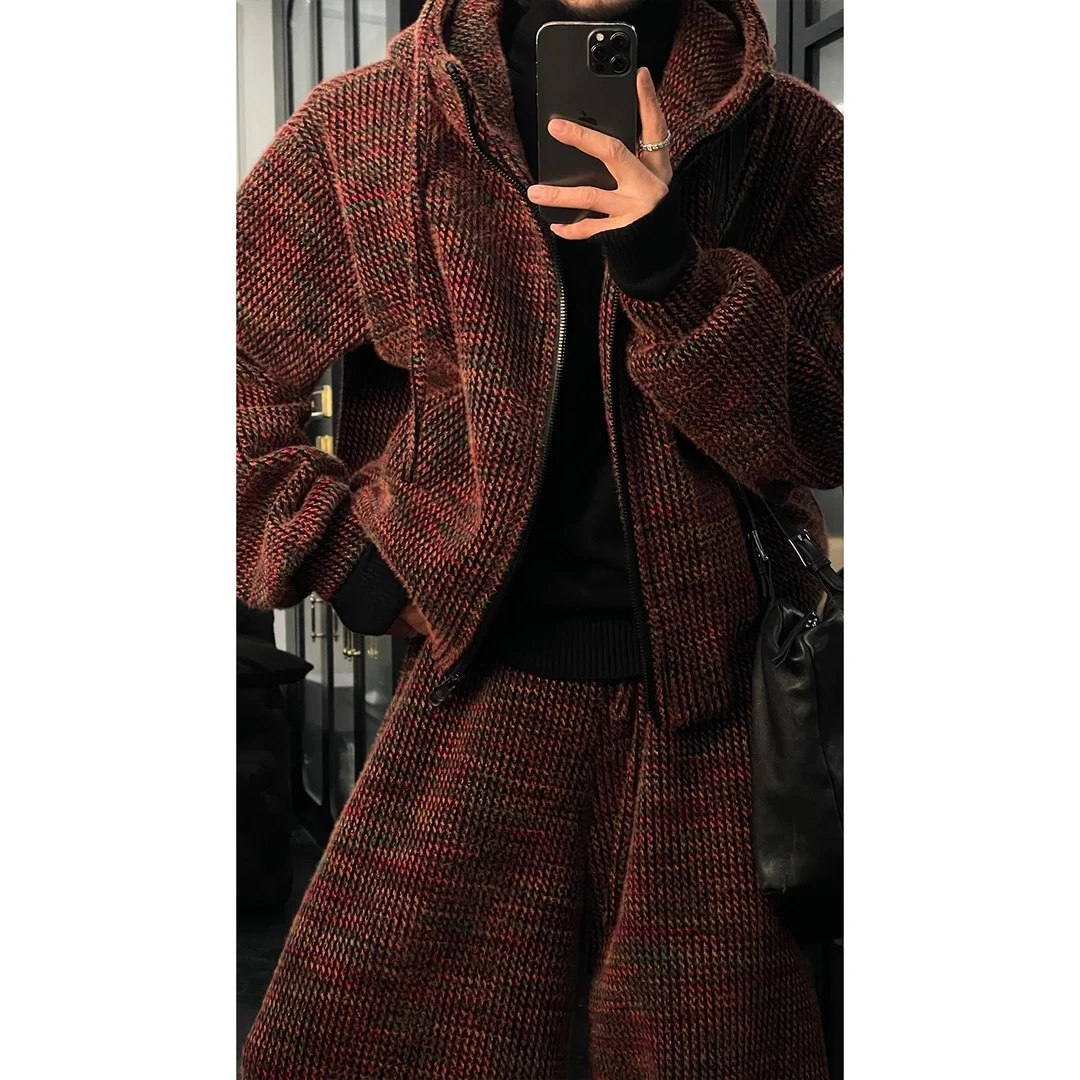 冬季新品美式复古设计感气质百搭连帽卫衣宽松阔腿长裤时尚套装男