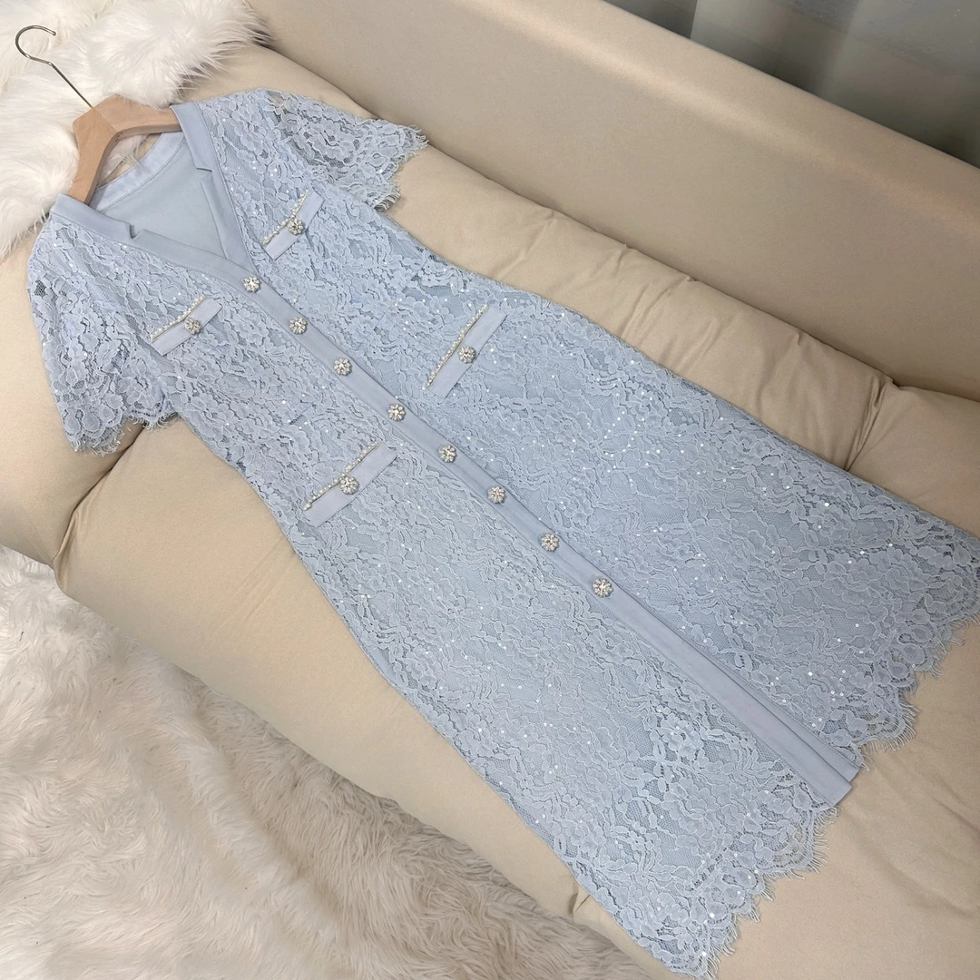 短袖v领 蓝色蕾丝连衣裙 70492