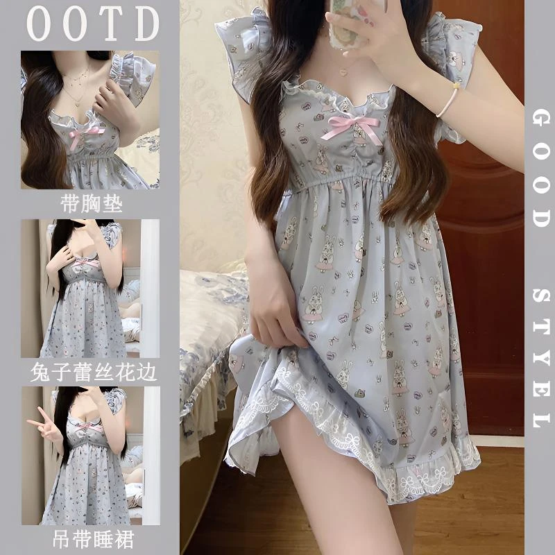 带胸垫吊带睡裙女夏季新款甜美兔子蕾丝花边荷叶边薄款家居服裙子