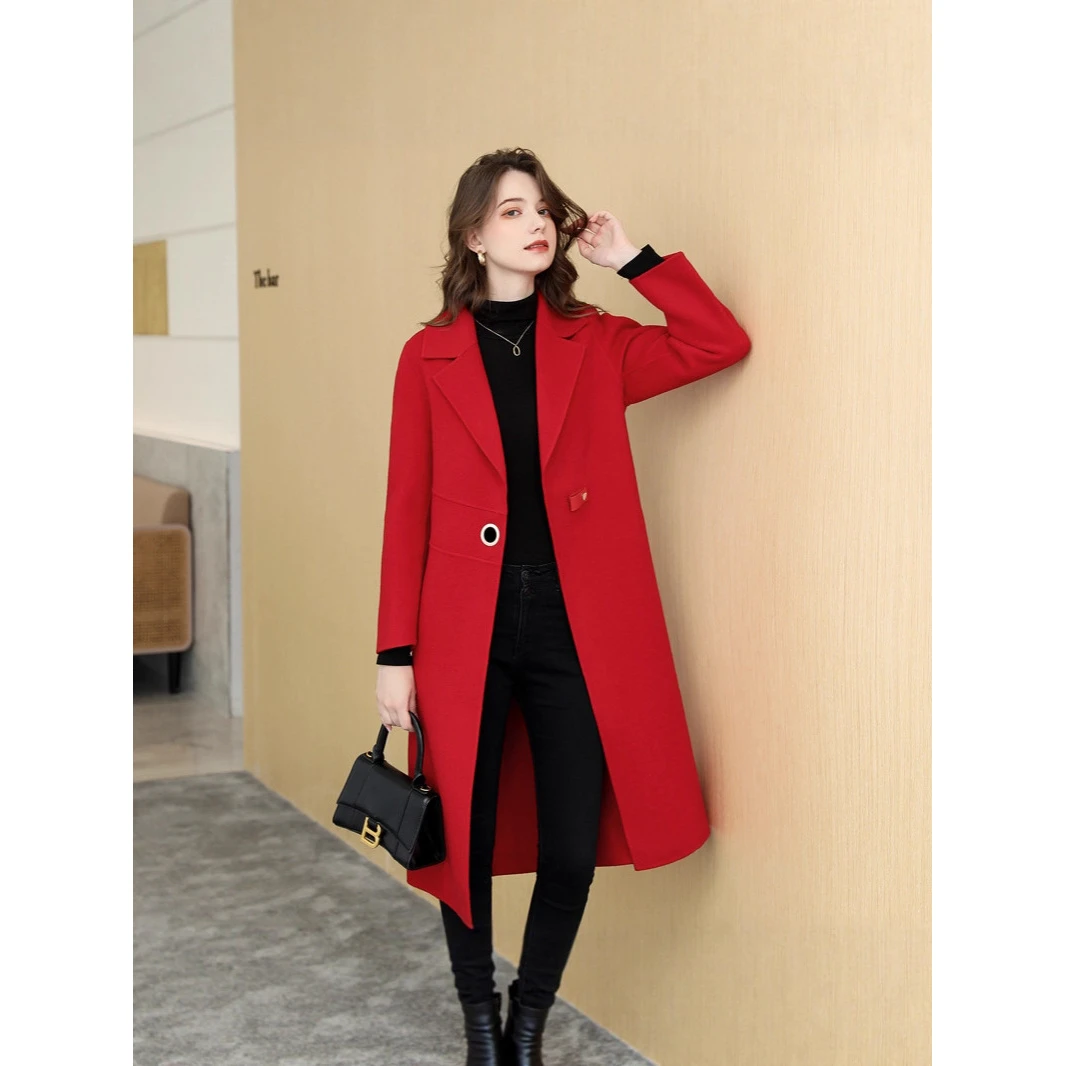 DUCURNO韩版红色毛呢外套女冬季2026新款时尚气质宽松显瘦呢大衣