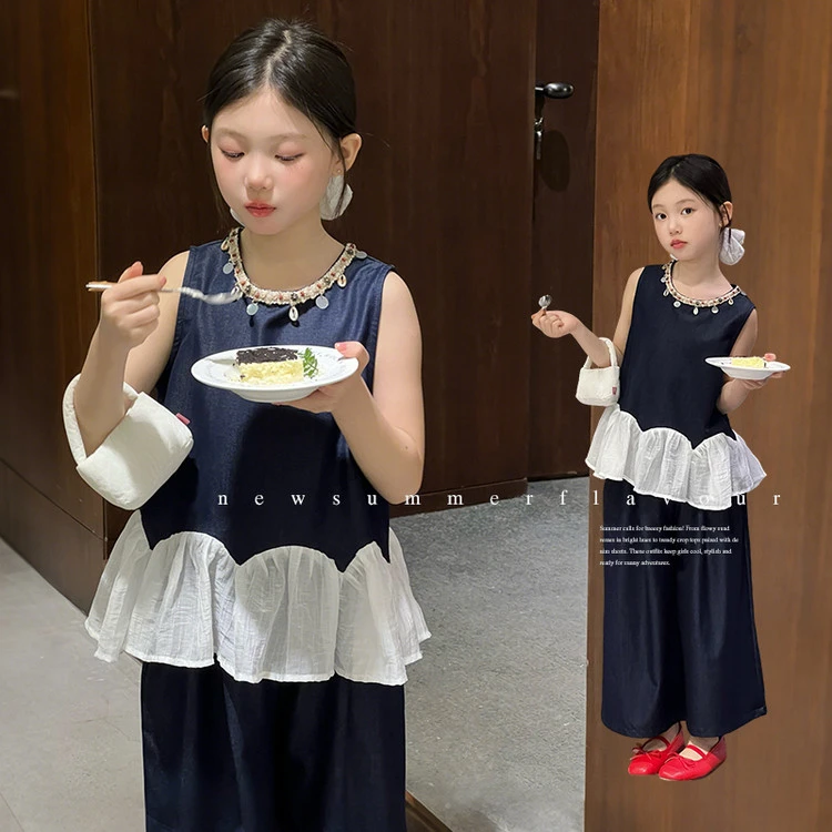 冰丝牛仔波西米亚风外穿套装薄款时尚夏装韩版夏季纯色女童中大童