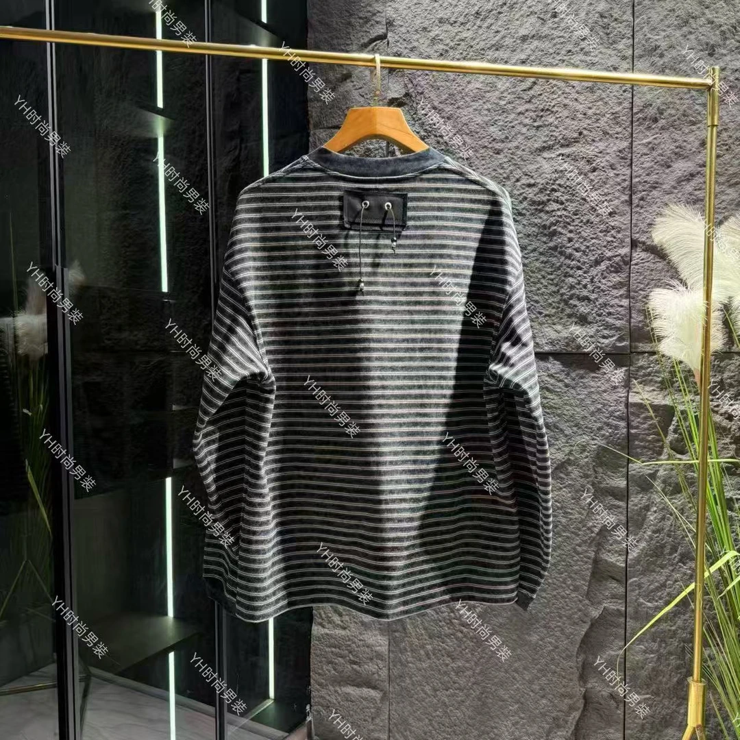 冬季新款时尚潮流重磅做旧条纹拼接圆领T恤宽松休闲百搭男士打底