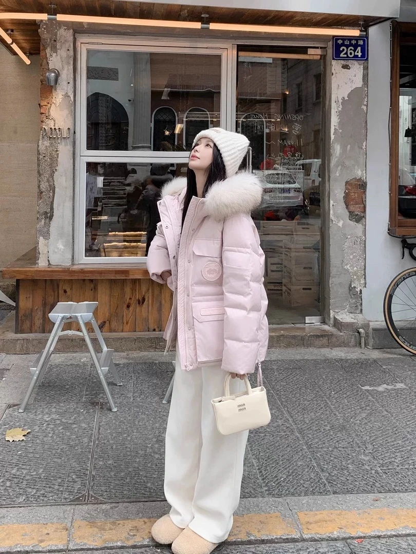 冰岛之恋樱花粉国标白鸭绒工装派克羽绒服貉子毛大毛领