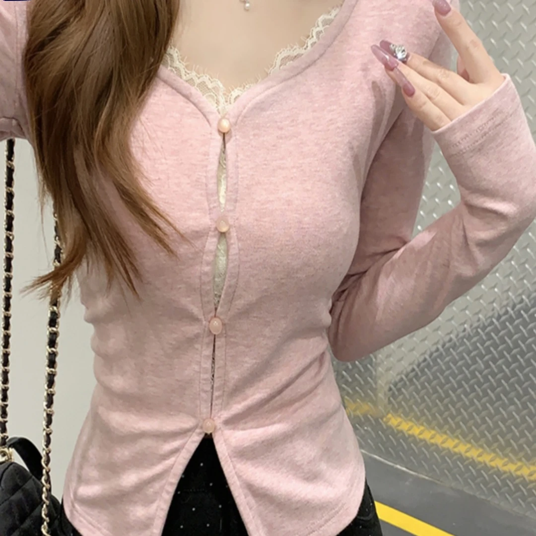 妥妥纯欲战衣！蕾丝拼接假两件长袖t恤秋季2025新款打底衫上衣