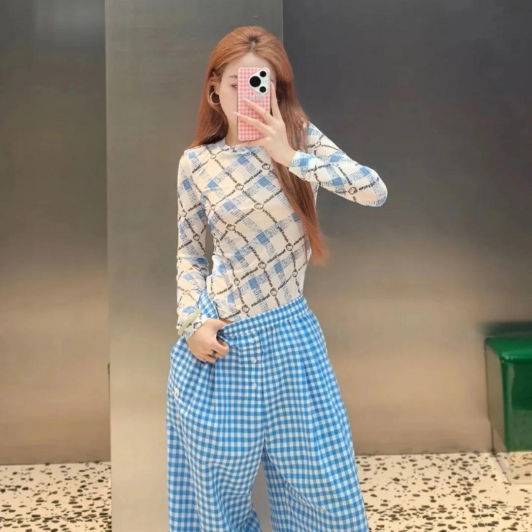 KT猫蓝色格纹网纱打底衫2025秋季新品猫咪T恤衫女上衣070