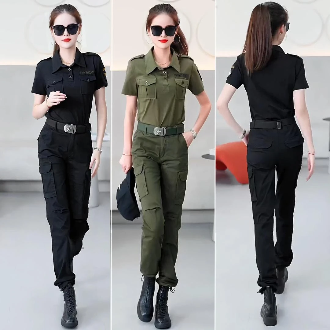 夏款新款迷彩套装女衬衣领短袖高腰长裤修身大码军旅风工装两件套