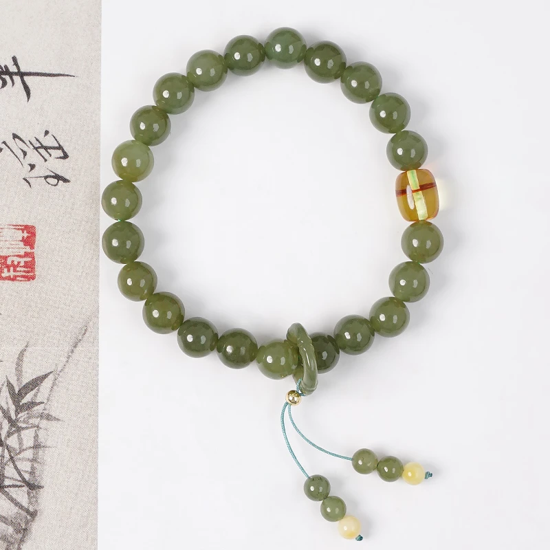 原创贵气高品质素圈天然和田玉跑环手链花珀手串多样性发一-8890