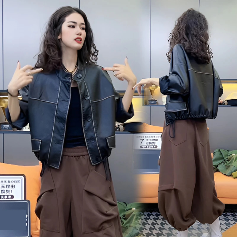 时尚立领皮衣外套春秋2026新款爆款港风复古小个子机车夹克上衣