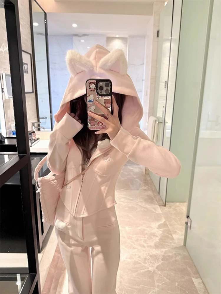 甜心kitty 2025新款甜美时尚通勤修身鱼骨粉色运动休闲套装