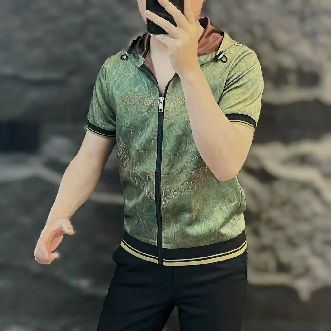 新款高端男士潮流百搭个性烫钻休闲短袖连帽夹克7727高级感男装