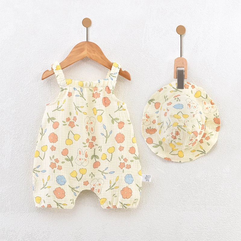 婴儿连体无袖吊带夏装带帽爬服新生儿哈衣薄款宝宝包屁衣纯棉夏天