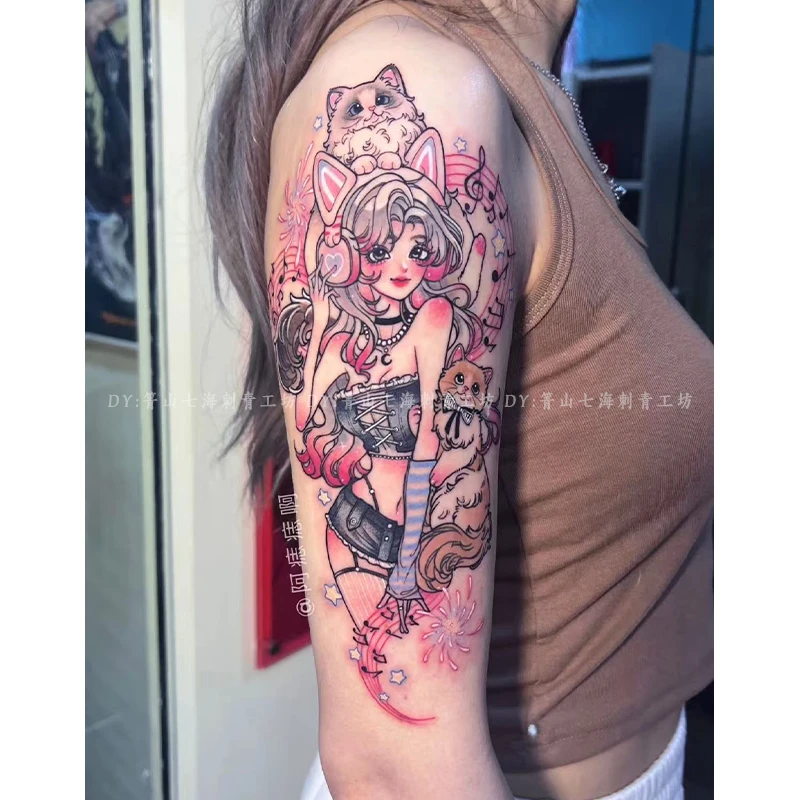日系卡通动漫少女可爱萝莉猫咪彩色花臂纹身贴纸女防水持久可水洗