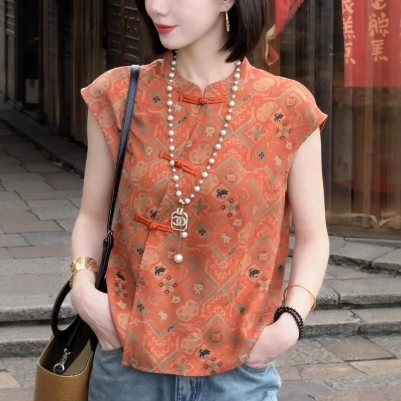 国风复古精致衬衫女2025夏季新款时尚高端飞飞袖盘扣立领气质上衣