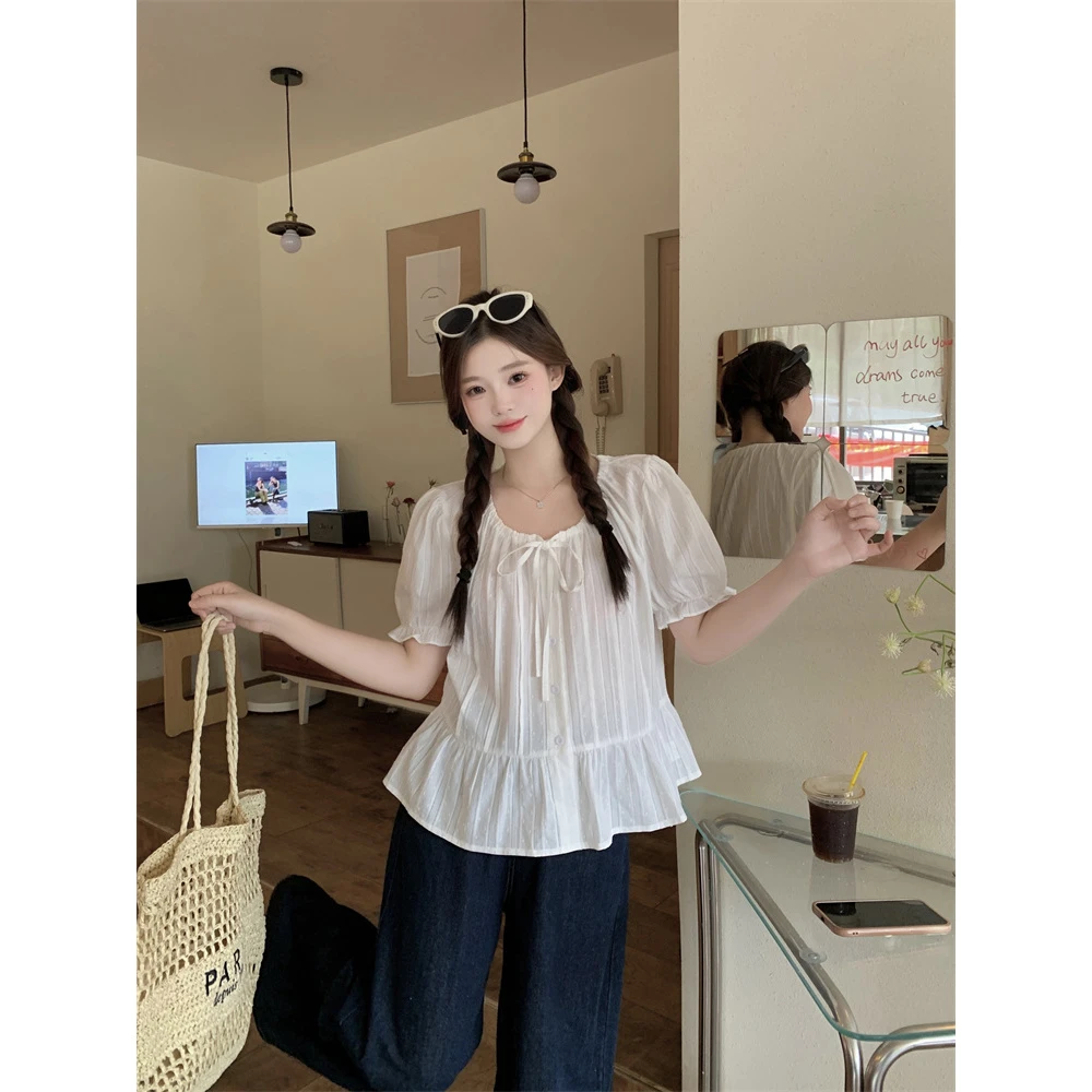 2025新款法式上衣蓝色雪纺短袖衬衫女夏季显瘦宽松气质荷叶边上衣