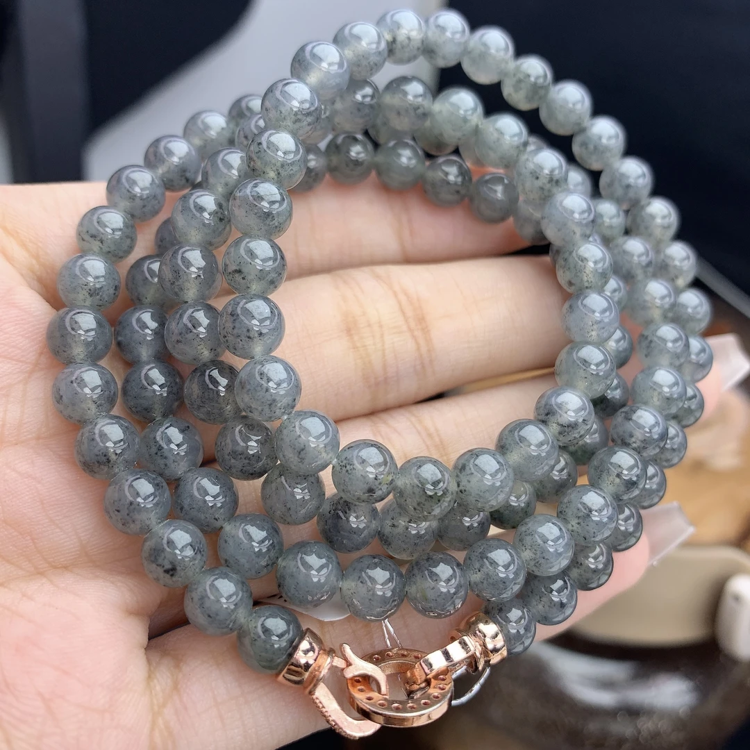 缅甸A货翡翠黑冰乌鸡项链珠链圆珠多圈长串4T卡6.3mm660mm