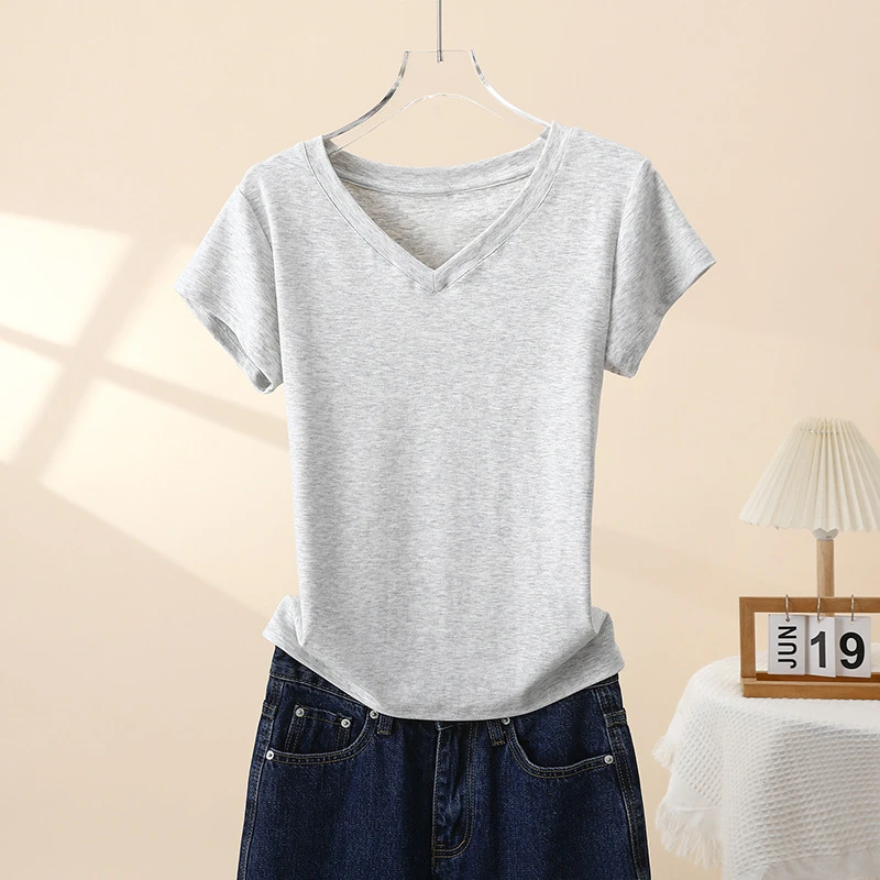 棉质V领短袖T恤女2025新款夏季修身显瘦基础款正肩上衣打底衫外穿