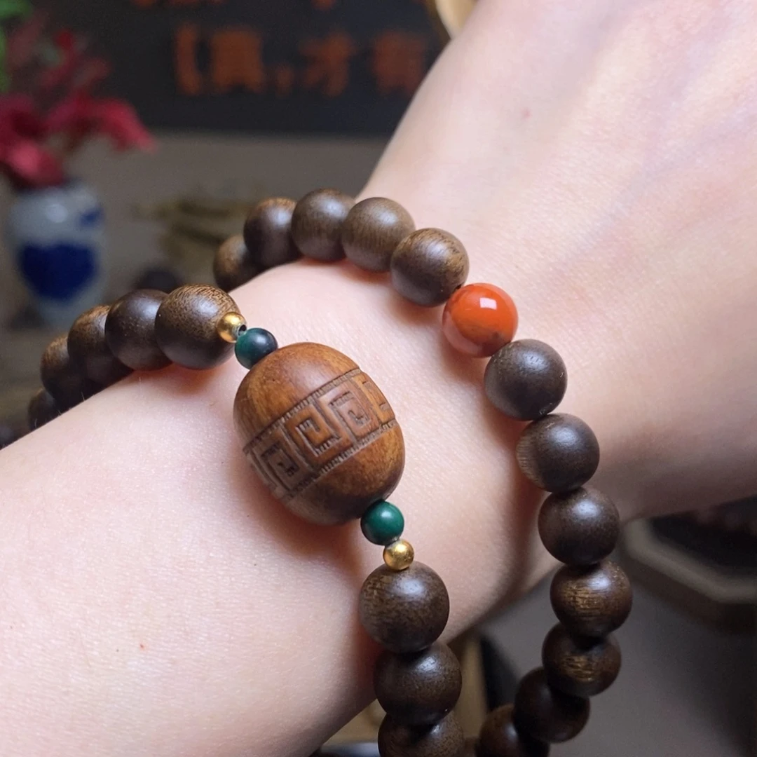 沉香手串越南芽庄紫琪玉化0.8+富森红土沉香木雕配饰