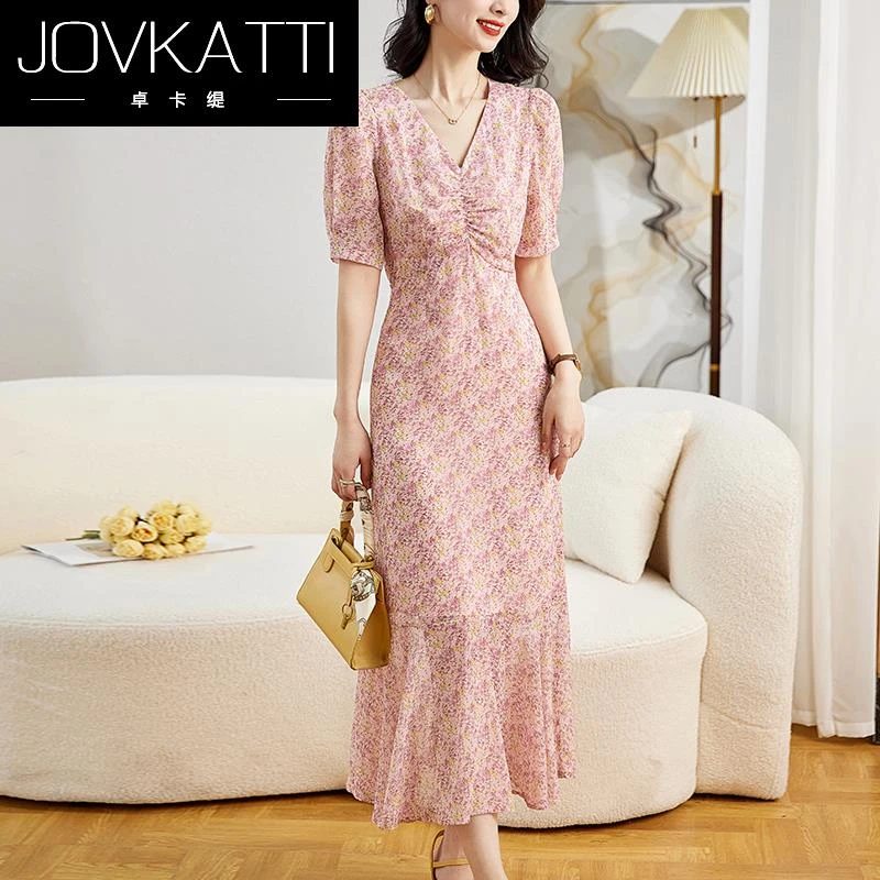 Jovkatti碎花连衣裙女夏季2025新款高级感气质收腰显瘦法式