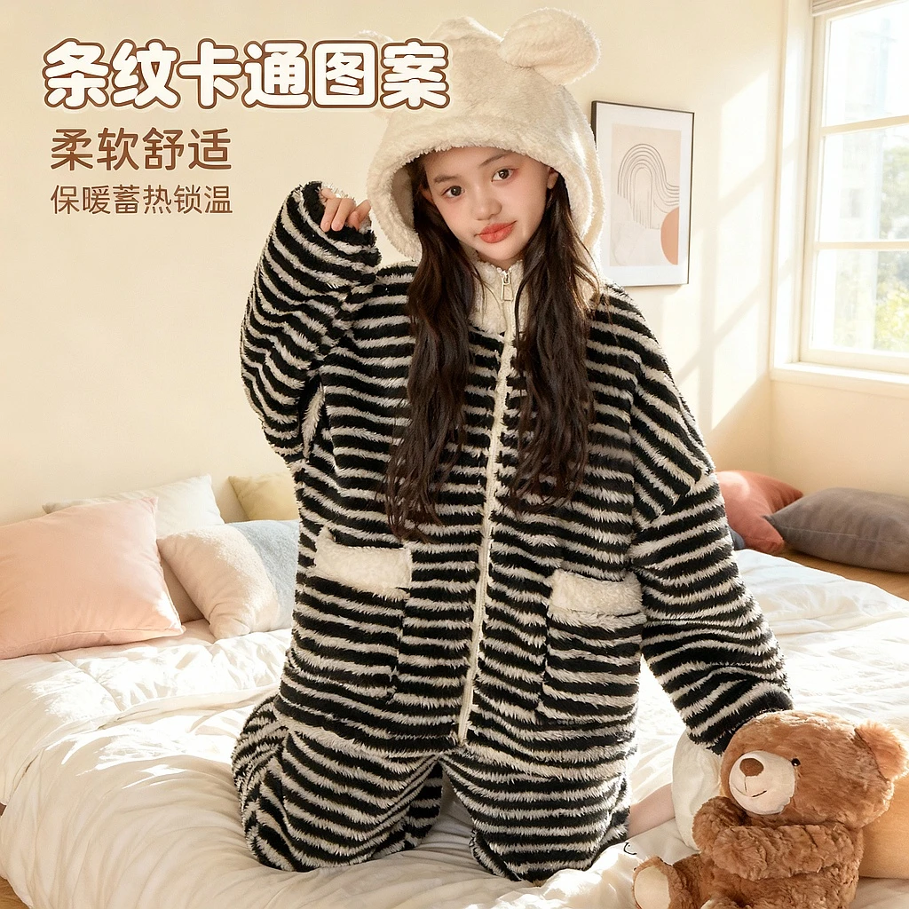 女童法兰绒睡衣套装冬装新款女大童加厚条纹连帽家居服SQ2514