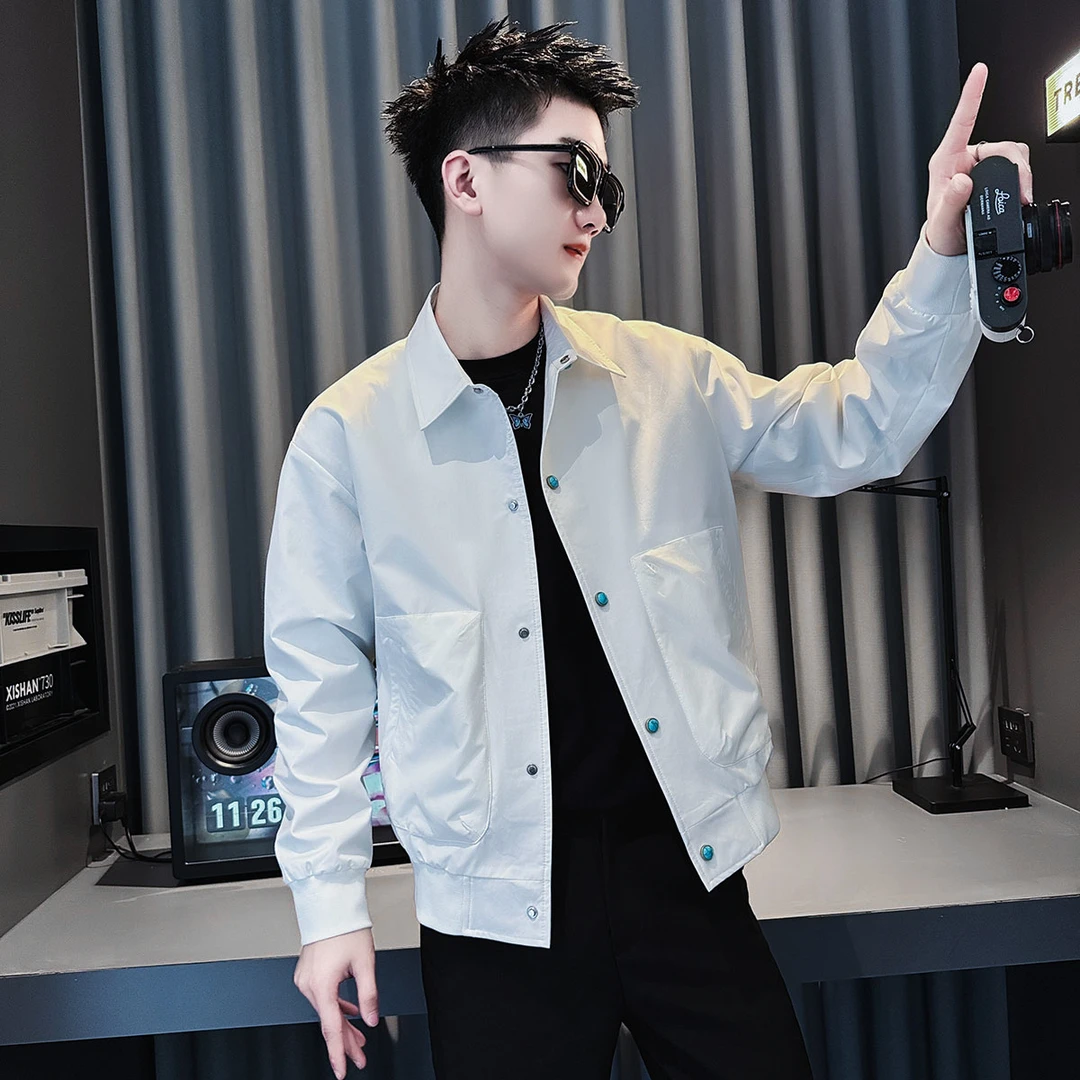 白色痞帅翻领外套男款春秋季短款休闲百搭夹克2025新款男士褂子潮