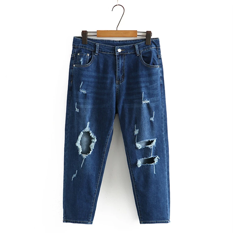 春季磨破女九分裤高腰大码牛仔裤薄款蓝色春日慢人风女款裤子