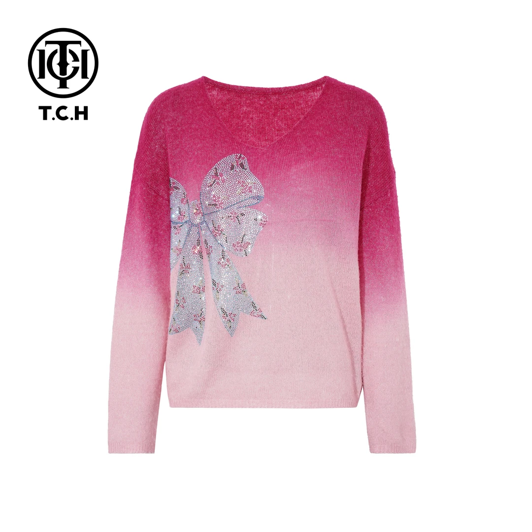 TCH私服秋冬时尚休闲风烫钻淑女玫红色针织衫T75C09E5135轻奢tch