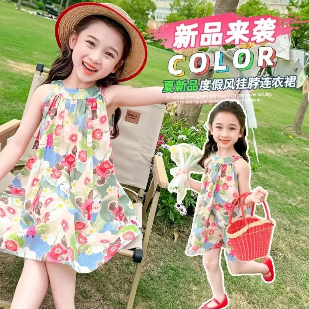 女童外贸莫奈花园A字碎花连衣裙洋气可爱公主裙儿童夏装中童a类裙