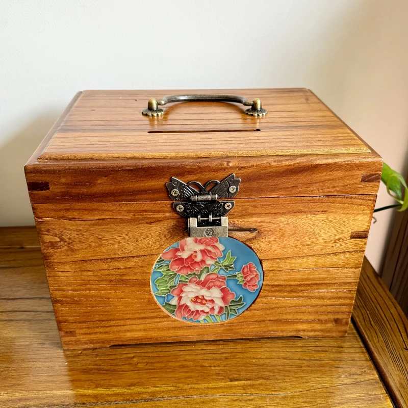 老榆木立体浮雕瓷板画大号存钱罐储钱罐收纳盒送锁