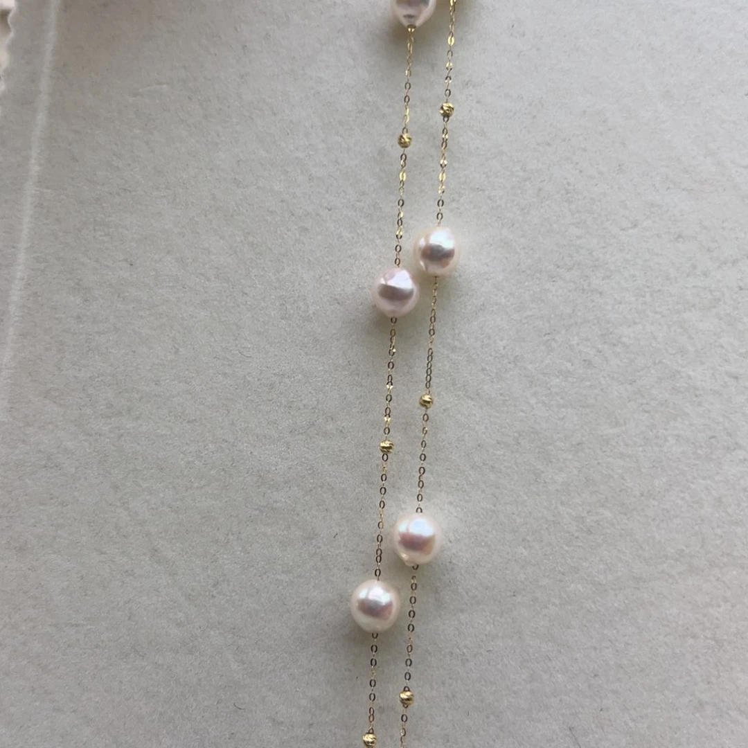 颈饰18K金镶嵌海水珍珠8-9mm近圆Ak樱花粉满天星