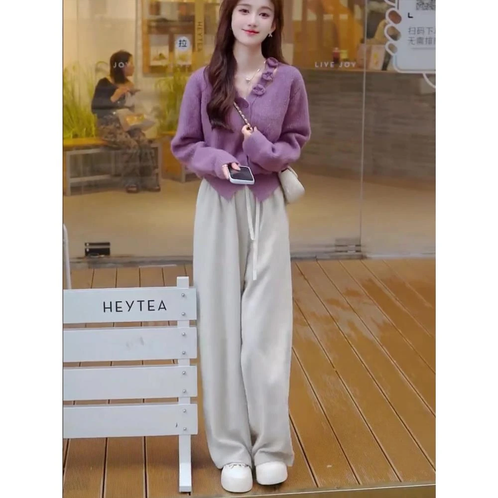 入秋穿搭一整套洋气时尚减龄设计感花朵针织开衫阔腿裤两件套女