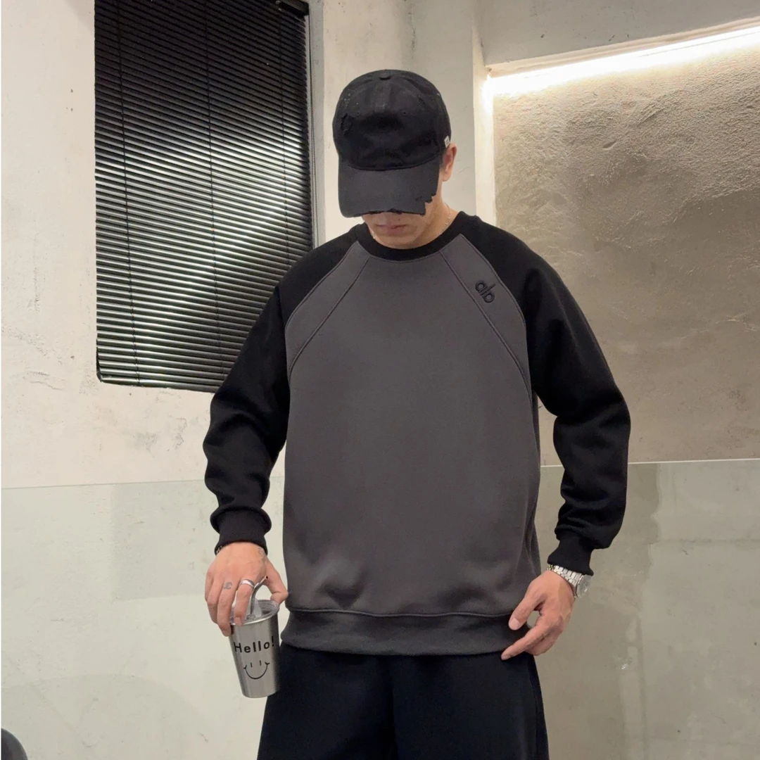 2025秋冬拼接加绒保暖刺绣男士时尚帅气卫衣百搭圆领套头长袖上衣