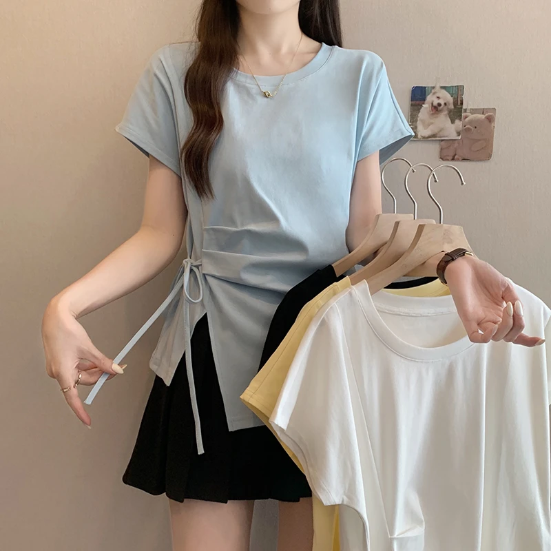 设计感2025夏季薄款新款胖mm显瘦大码女装褶皱蝴蝶结短袖T恤上衣