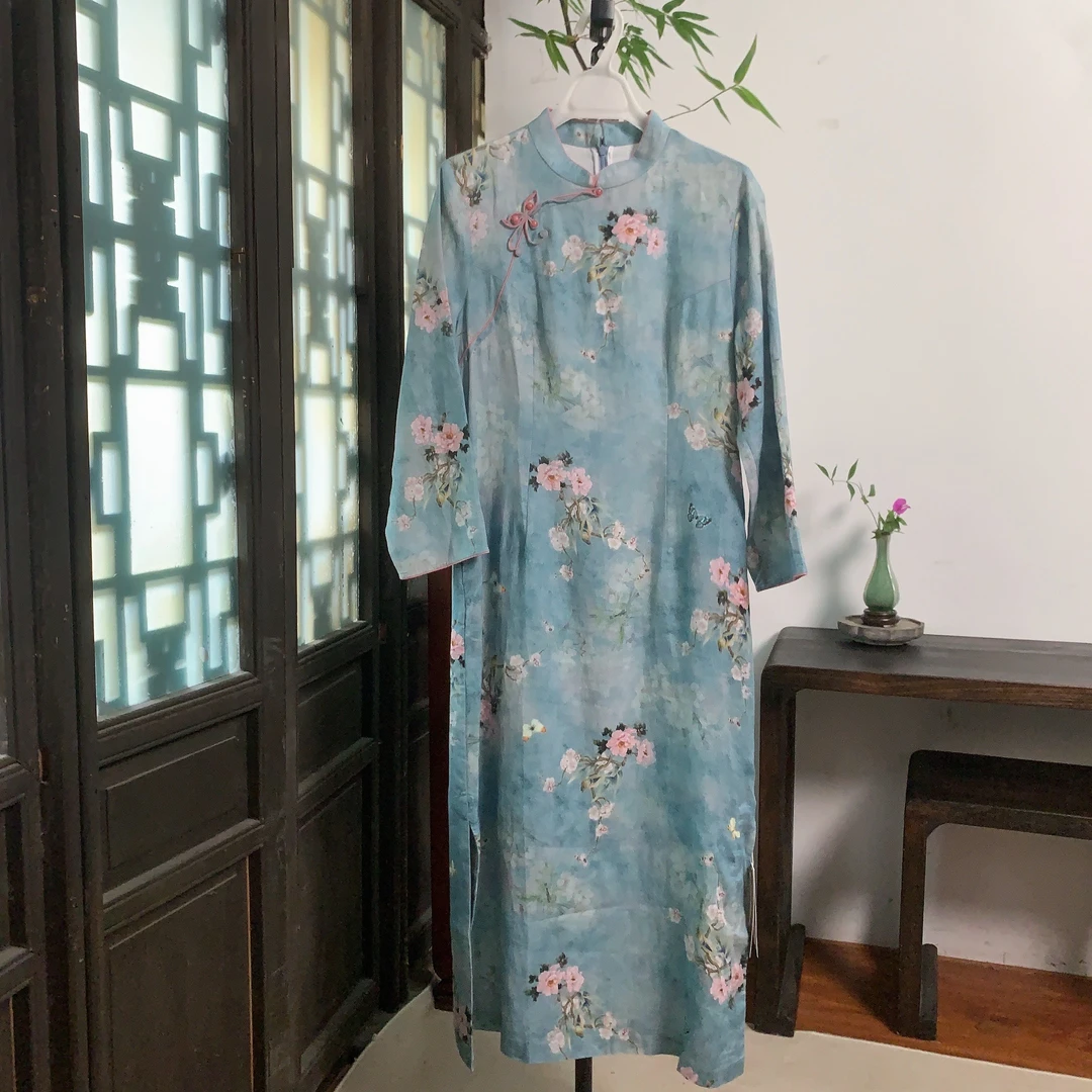 原创设计.山茶青亚麻连衣裙QF-2721103