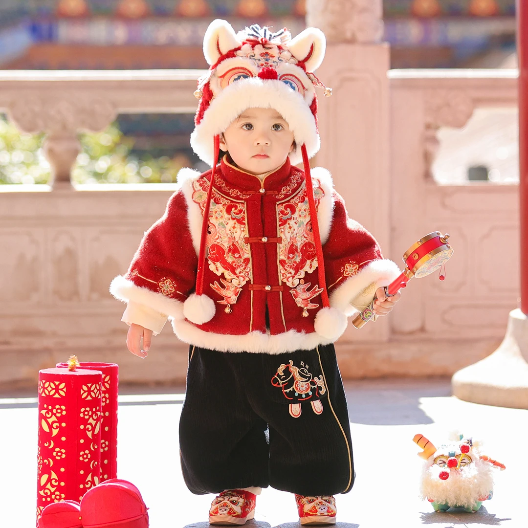 【祥马飞燕】汉服男童冬装25年中国风红色喜庆套装儿童唐装拜年服