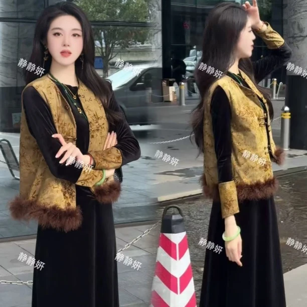 中式复古提花无袖马甲秋冬气质国风新款外套打底衫两件套新中式潮