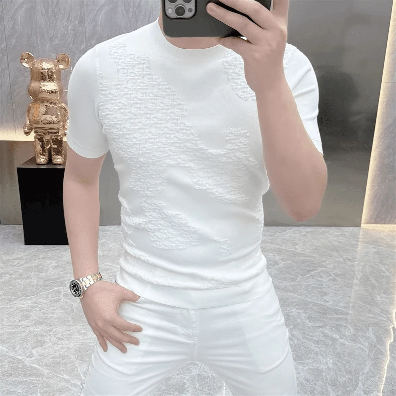 2025欧货轻奢男士针织冰丝短袖T恤纯色时尚百搭夏季半袖上衣25219