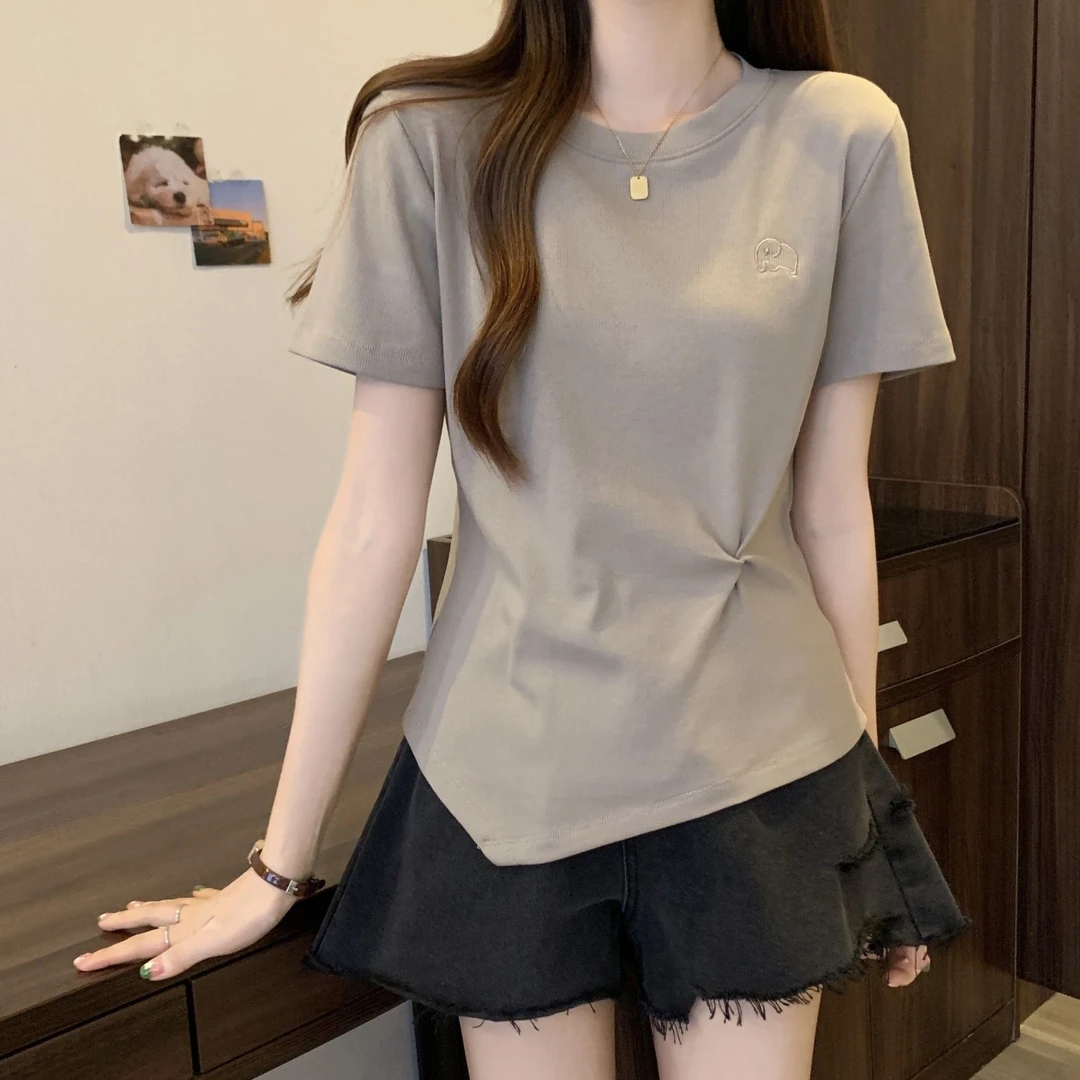 夏季不规则遮肚显瘦短袖t恤女上衣胖mm大码纯棉百搭半袖体恤200斤