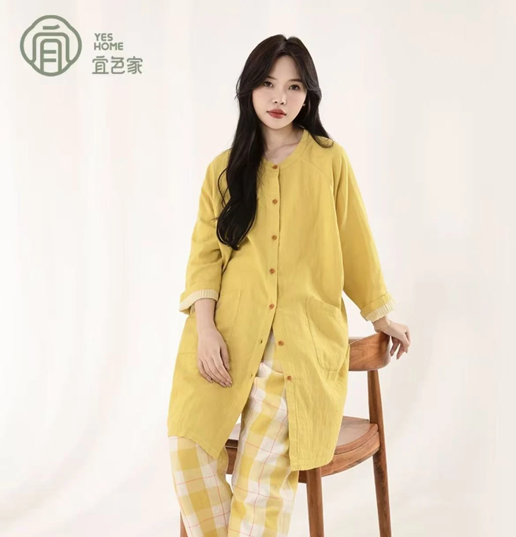 宜色家春秋新中式国潮长袍可外穿纯棉双层纱宽松大码家居服套装
