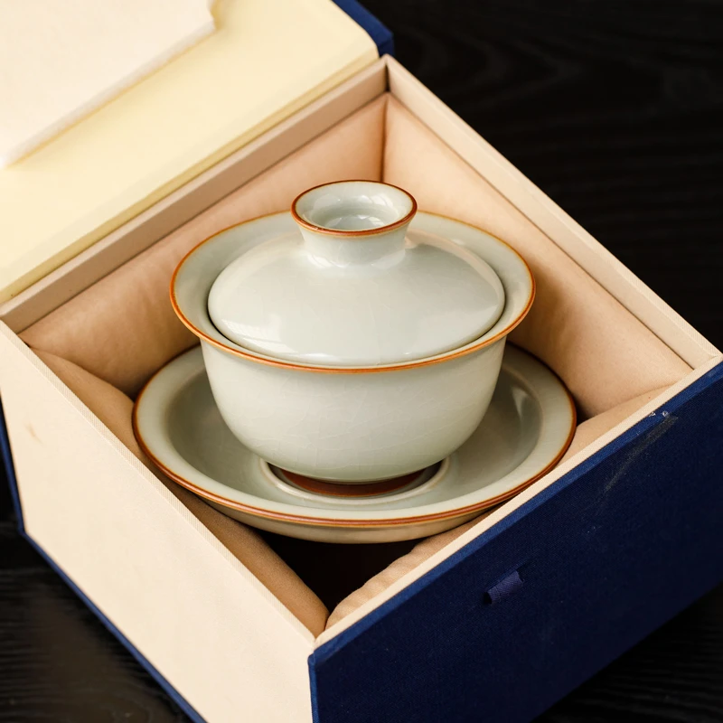 米黄汝窑悬停三才盖碗功夫茶具茶杯陶瓷家用泡茶碗
