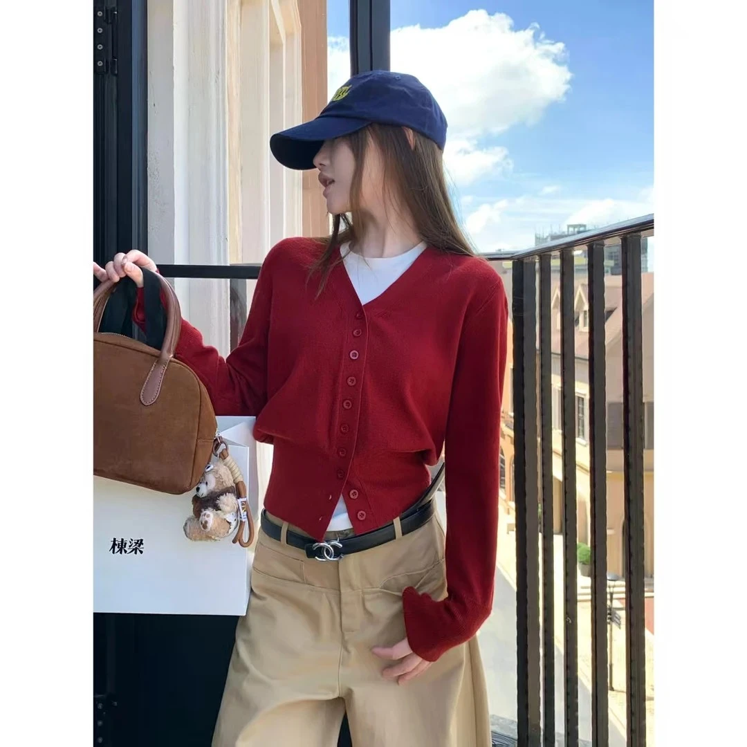 【织风私语】美式复古潮小众红色毛衣针织开衫女V领毛衫外套#C1140