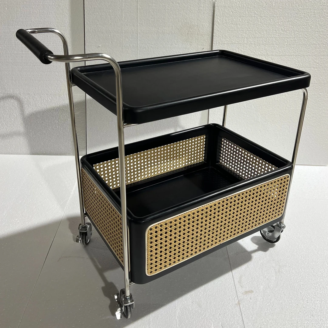 实木可移动边几不锈钢收纳中古小推车客厅储物藤编置物架简约餐车