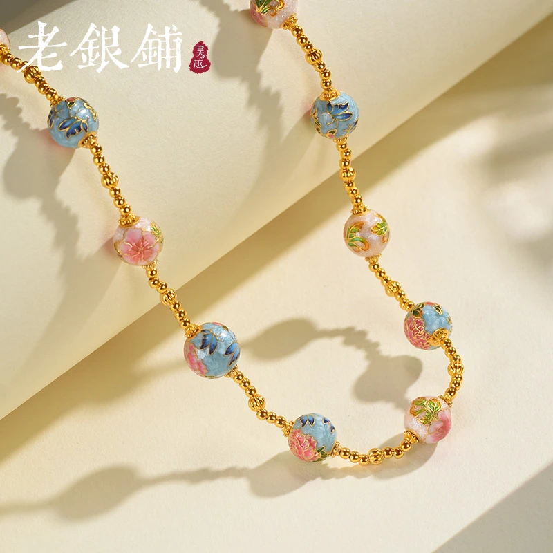吴越老银铺 链子925银珐琅 手工花丝珐琅项链银项链国风宫廷风