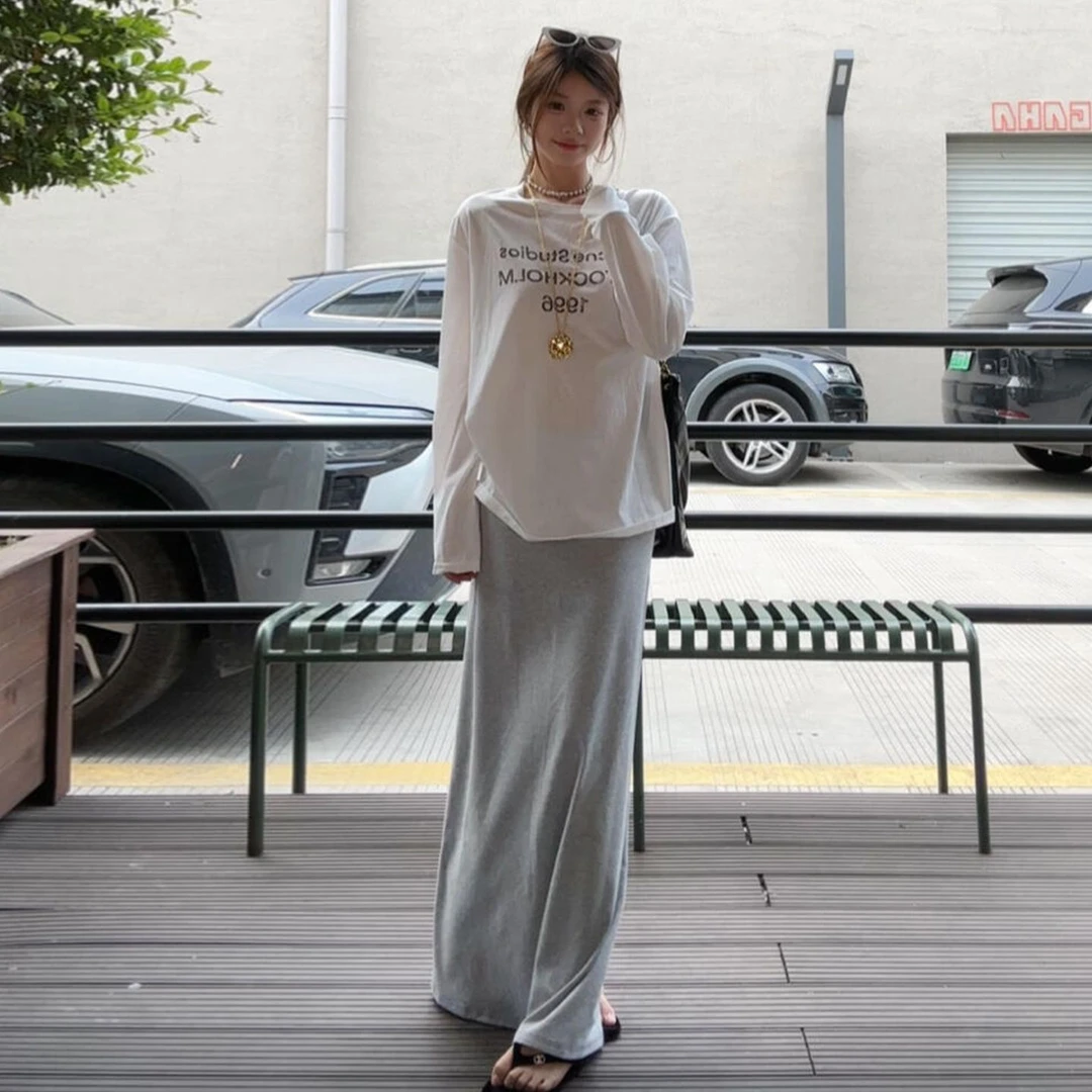 韩系设计感早秋2025慵懒风宽松ins长袖T恤女百搭白色简约字母上衣