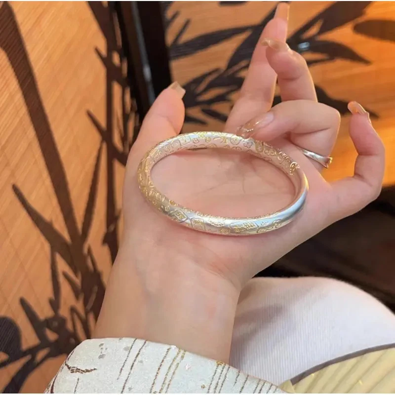 999纯银手镯女款古法吉言描金磨砂闭口银手镯情人节礼物