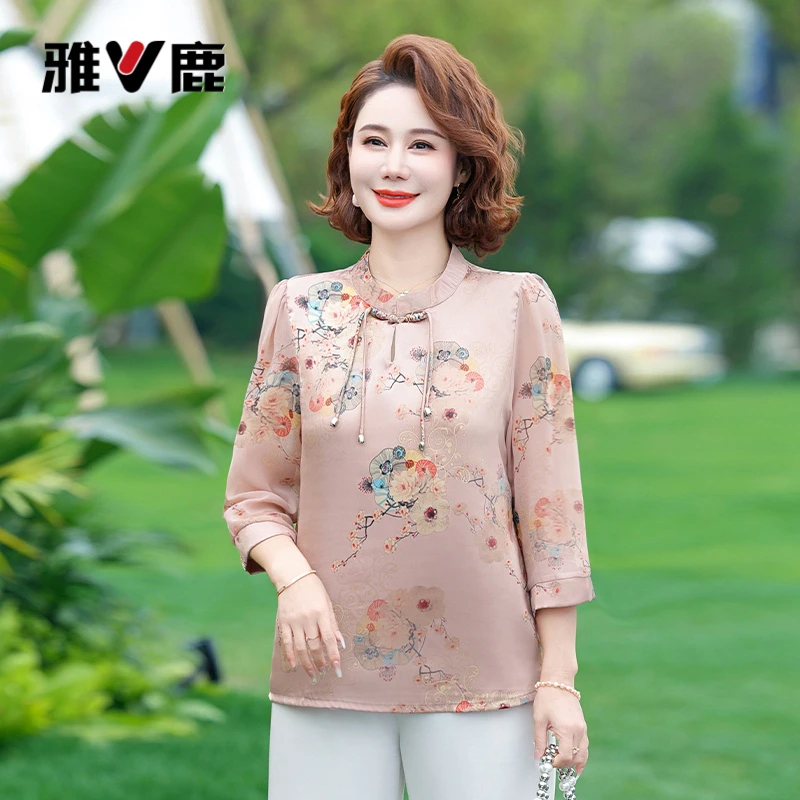 雅鹿优选妈妈夏装新中式国风雪纺衬衫洋派上衣中老年女装时尚七分