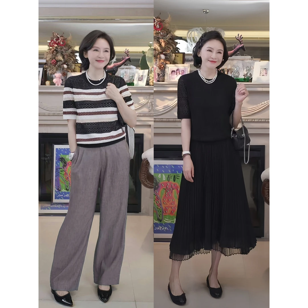 Ruienco.布朗尼小衫 精美镂空条纹圆领短袖夏冰丝T恤上衣