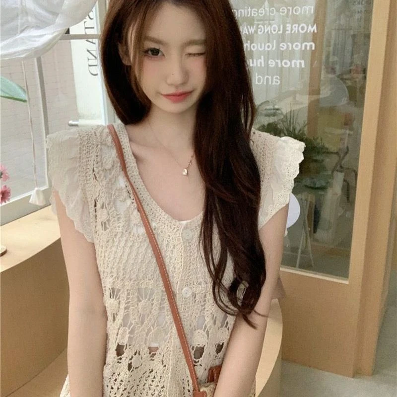 新款无袖针织衫两件套女夏季新款外搭马甲罩衫开衫上衣潮镂空钩花
