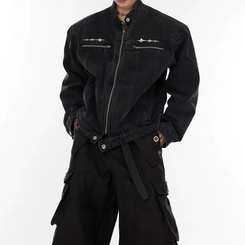 早秋复古做旧水洗垫肩短款牛仔外套金属设计无领夹克男