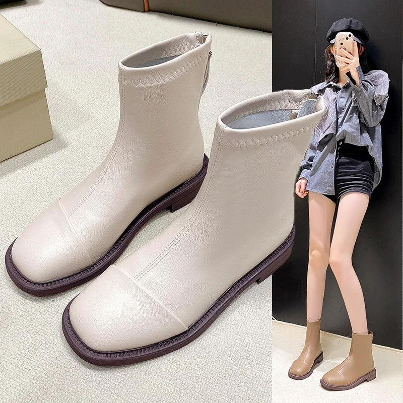 软皮马丁靴女2025平底新款休闲百搭短筒瘦瘦靴子粗跟后拉链小短靴