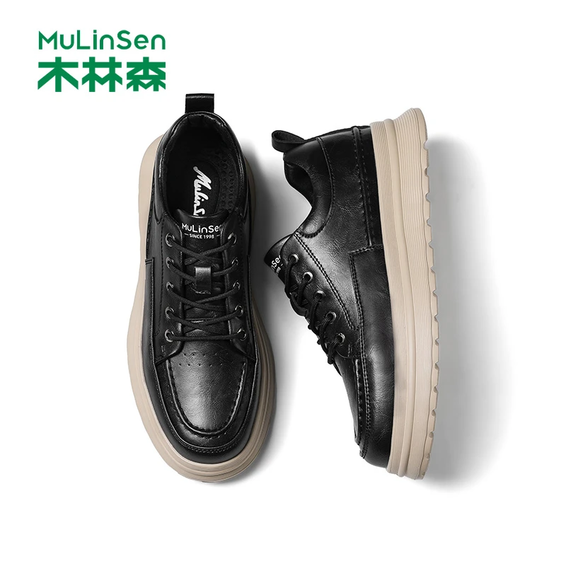木林森板鞋男2025新款秋季透气男士休闲皮鞋工作鞋一脚蹬软底潮鞋